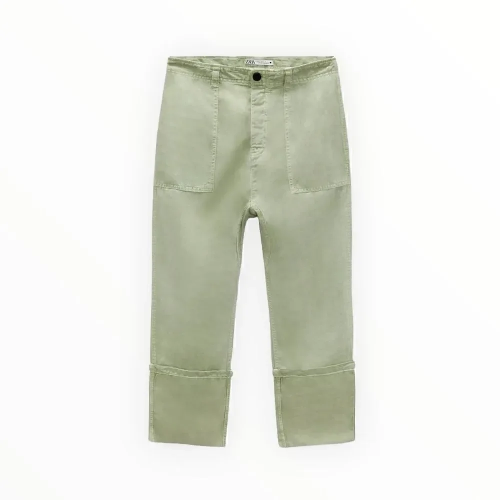 ZARA | Sea Green | LINEN BLEND TURNED UP CUFF PANTS